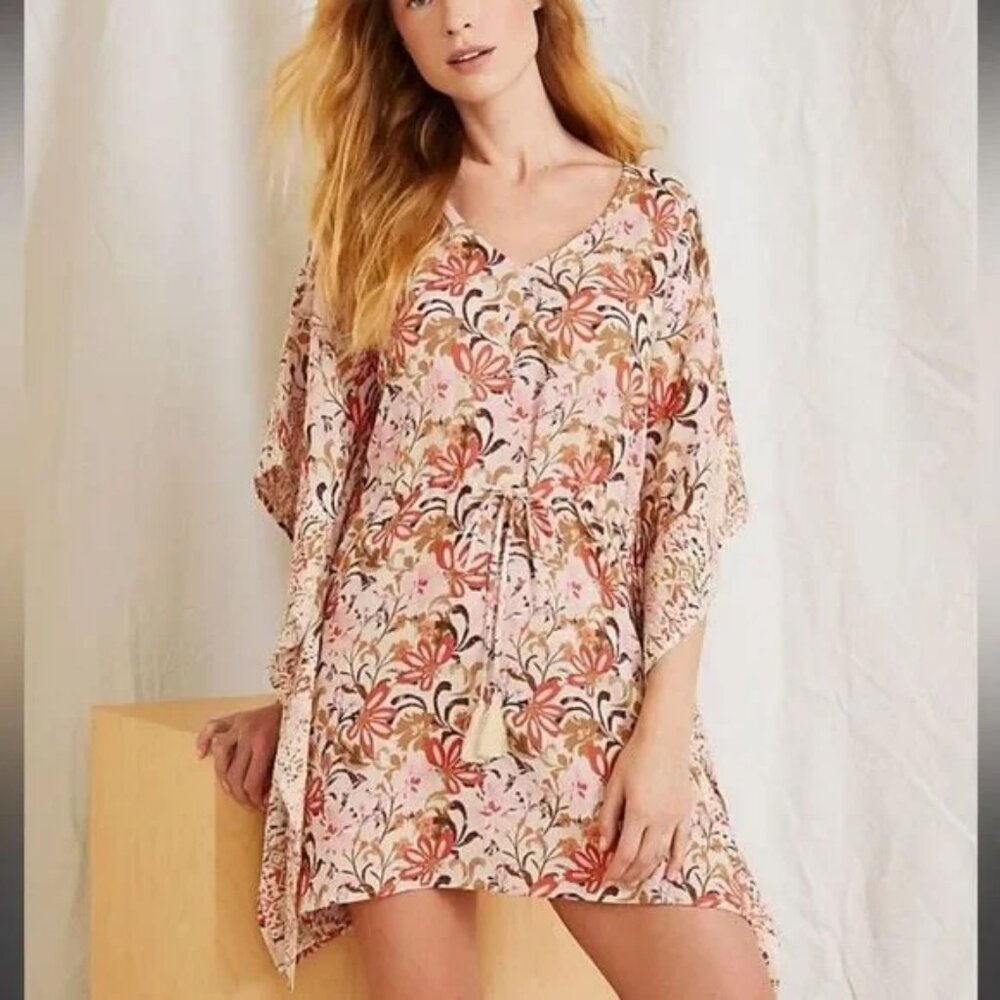 Garnet Hill Embroidered Kaftan Tunic/Cover-Up - crinkled cotton